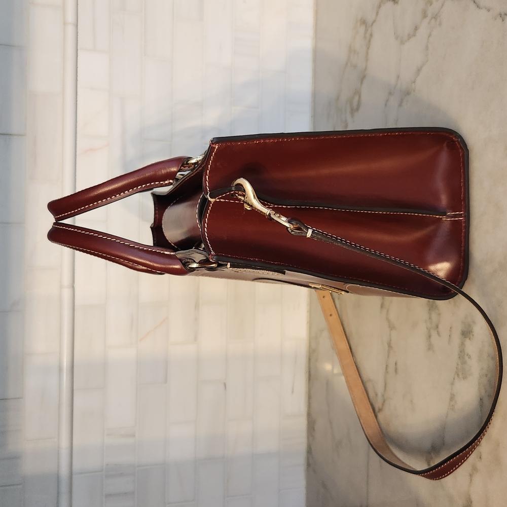 Burgundy Leather Handbag with Gold Accents - Picture 5 of 10